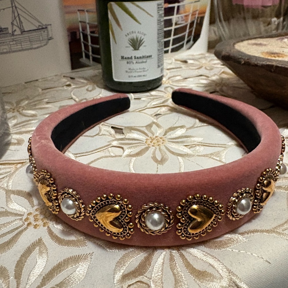 Anthropologie Pink Velvet Headband with Gold Heart & Pearl Embellishments
